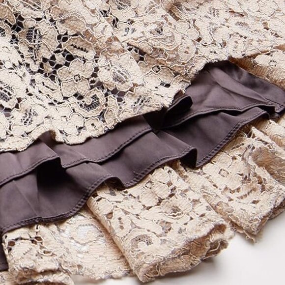 Vera Wang Lace Maxi Dress Beige Gray Piped V-Neck Formal Gown Womens 12 NWT - Picture 12 of 15